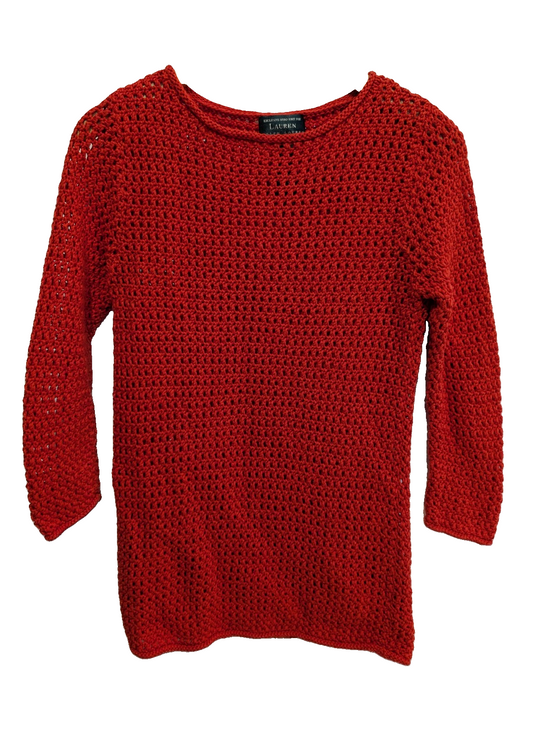 Pull femme LAUREN Ralph Lauren orange maille ajourée crochet coton taille M