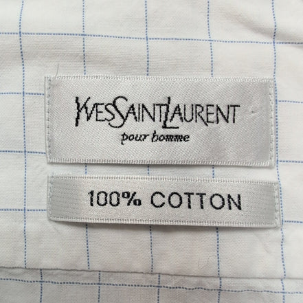 Chemise YVES SAINT LAURENT L Blanche Carreaux Bleus 100% Coton Logo Rose