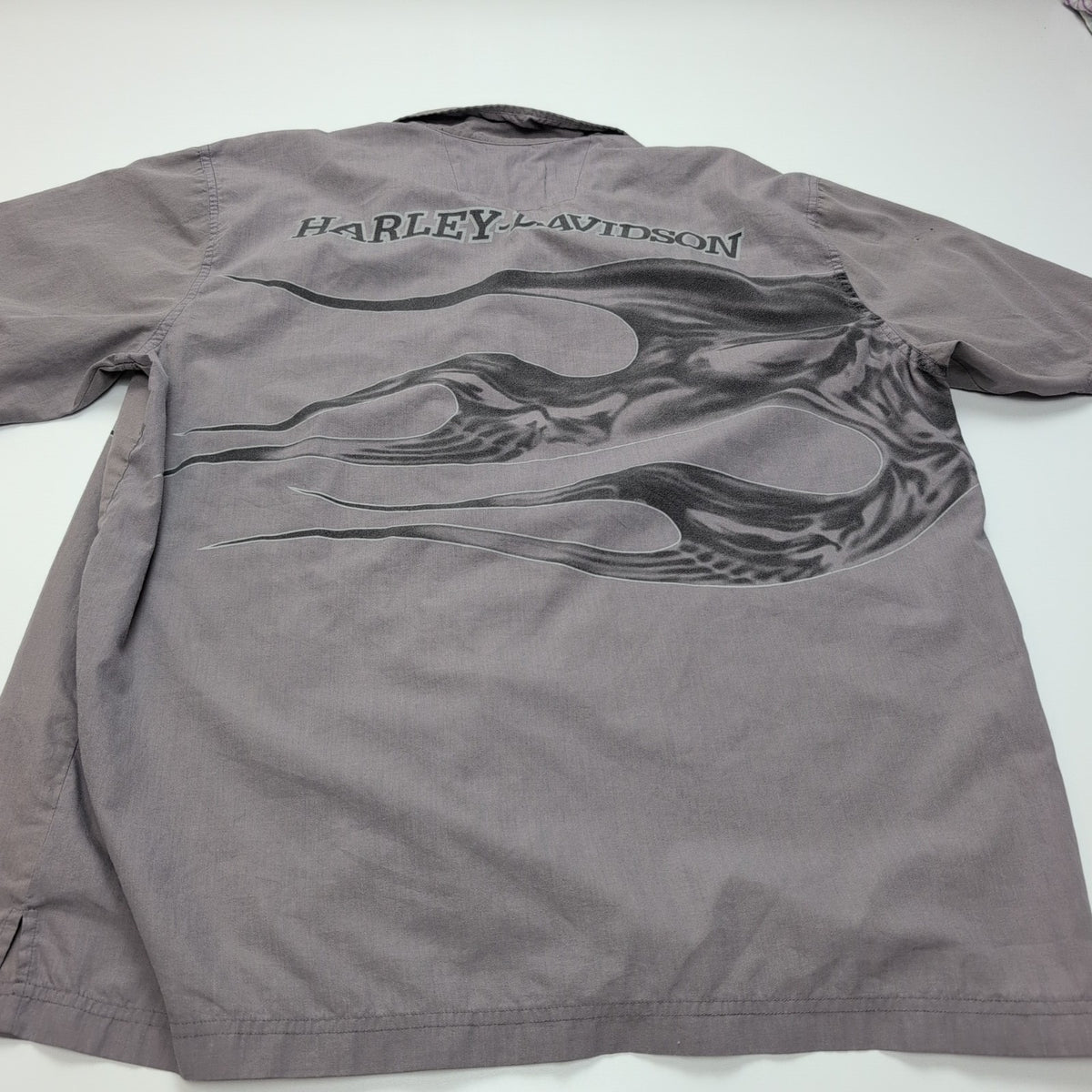 Chemise Harley-Davidson XL Grise Flammes Boutons Gravés Vintage manches courtes