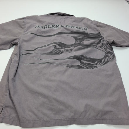 Chemise Harley-Davidson XL Grise Flammes Boutons Gravés Vintage manches courtes