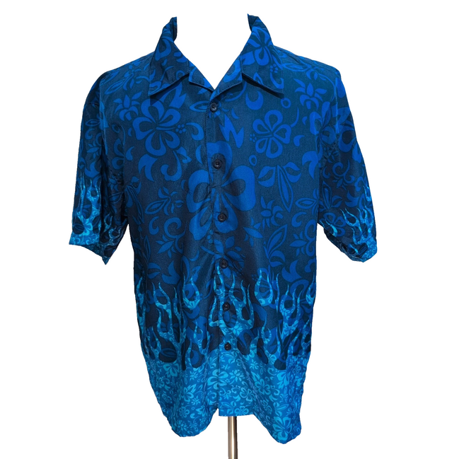 Chemise Hawaïenne Urban Rags L Bleu Motif Flammes Fleurs Manches Courtes
