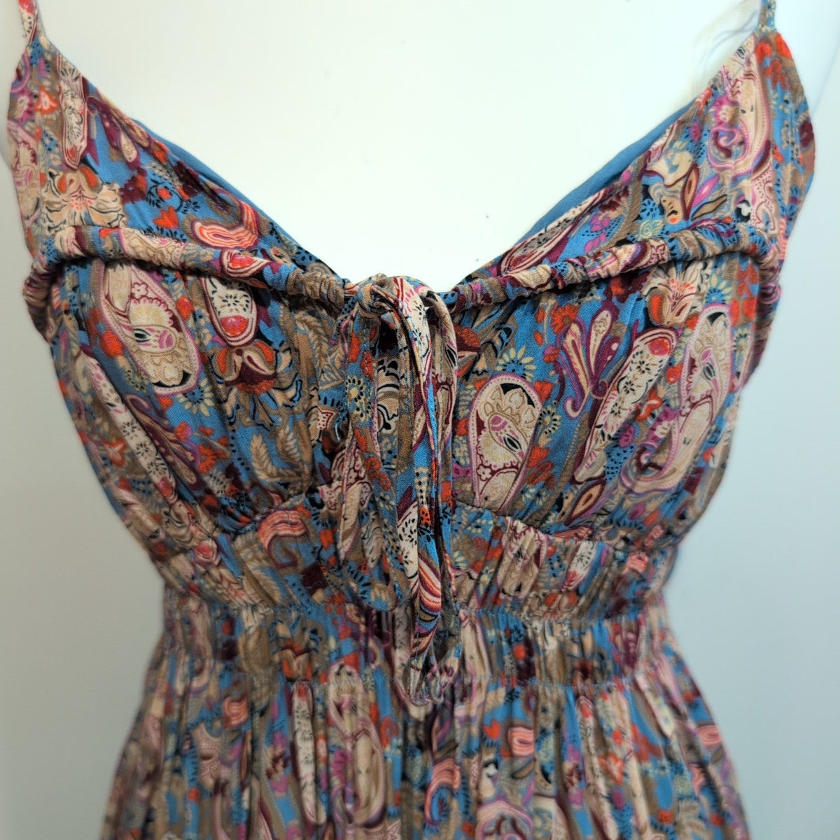 Robe d'été Femme M Viscose Cachemire Bleu Fine Bretelle Poches Bohème