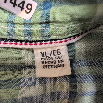 Chemise Weatherproof Vintage XL Lin Coton Vert Bleu Carreaux Manches Courtes