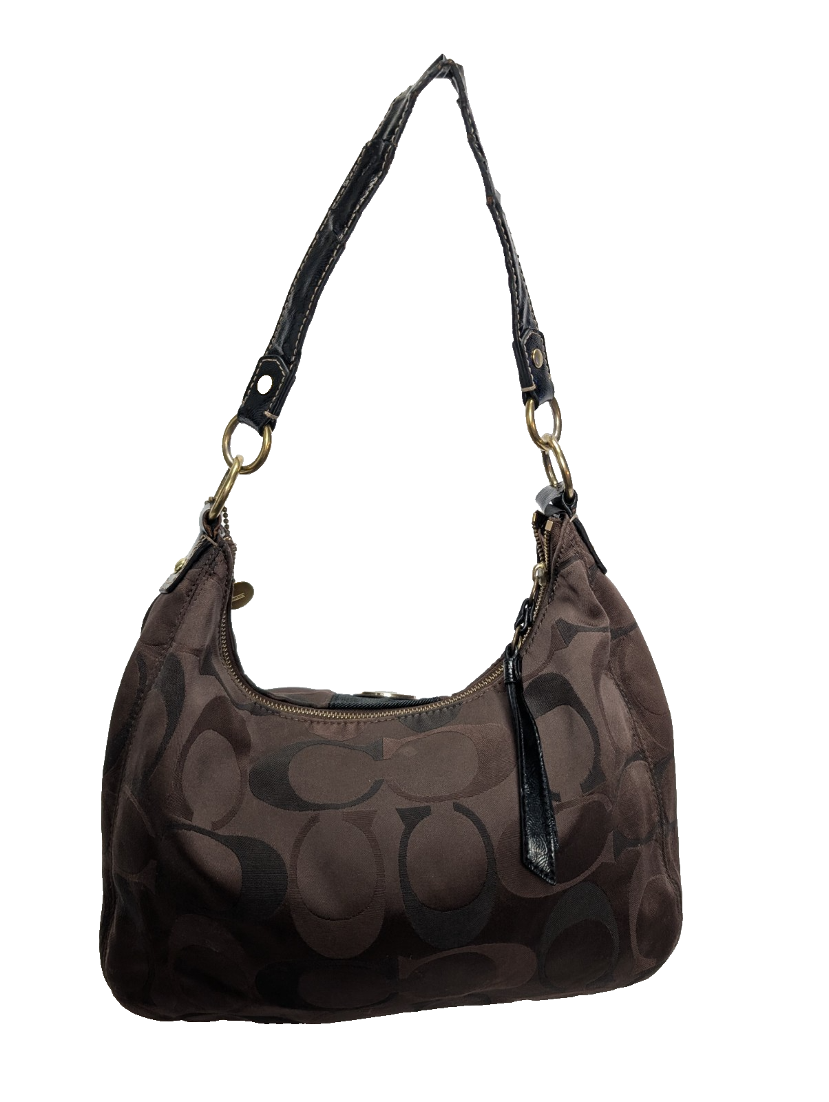 Sac Coach Signature Bandoulière Toile Marron Cuir Noir