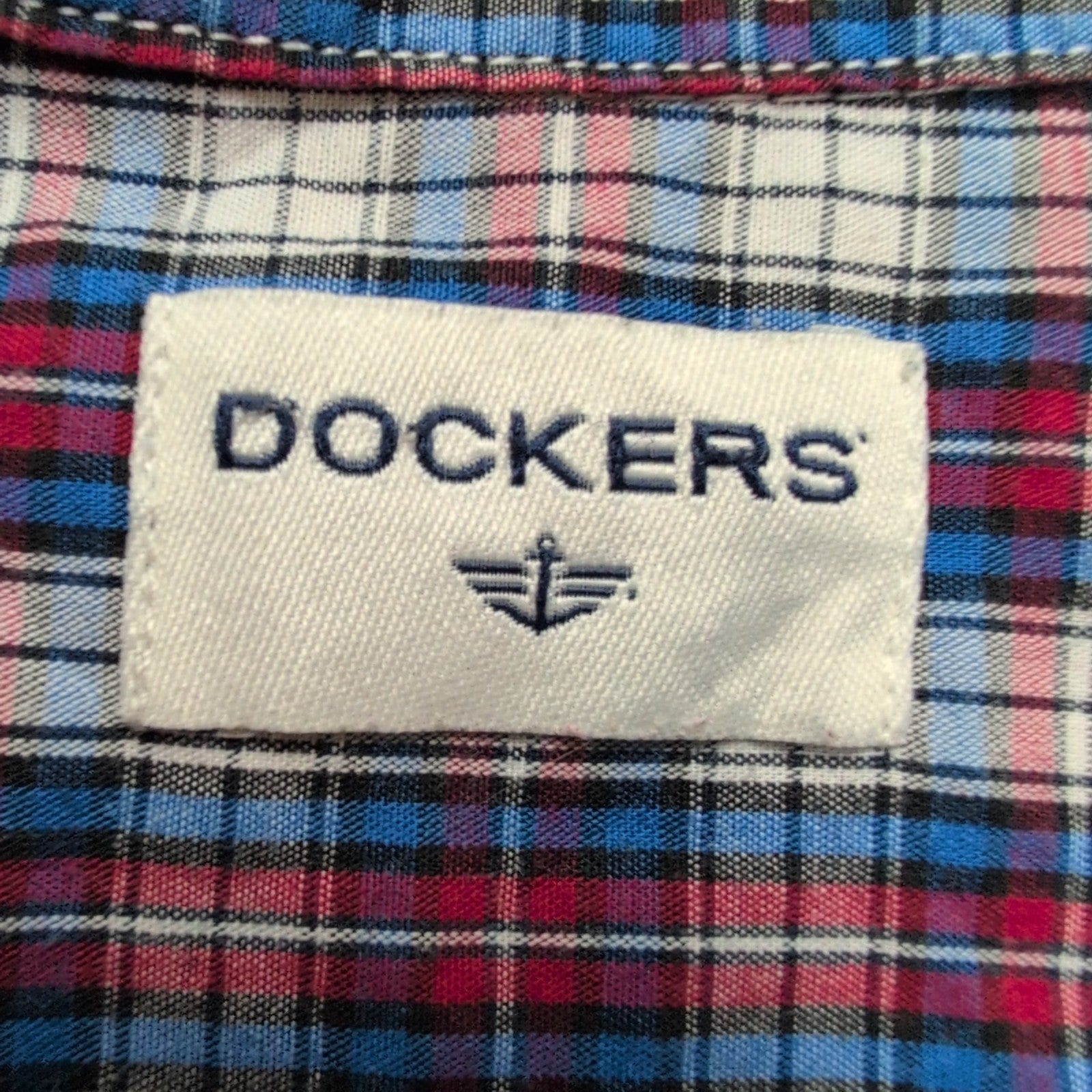 Chemise Dockers M Carreaux Bleu Blanc Rouge Logo Poche manches longues