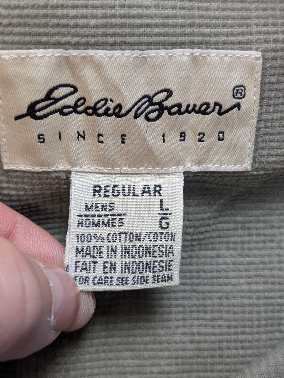 Chemise EDDIE BAUER T.L Velours Quadrillé Kaki 100% Coton Vintage
