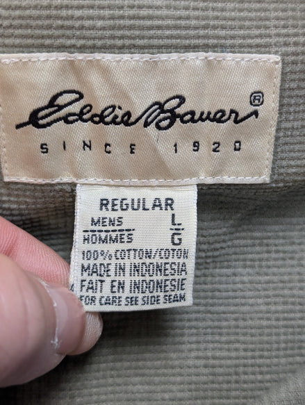 Chemise EDDIE BAUER T.L Velours Quadrillé Kaki 100% Coton Vintage