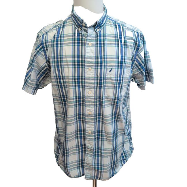 Nautica chemise manches courtes bleu vert à carreaux logo brodé taille L