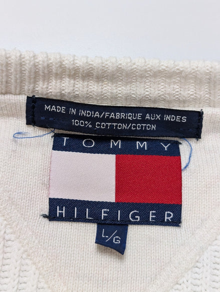 Pull Tommy Hilfiger Homme vintage blanc coton écusson or taille L