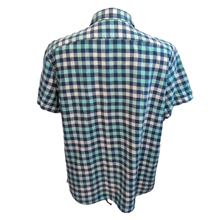 Chemise Banana Republic 100% Lin Bleu Vert Carreaux Manches Courtes Taille XL