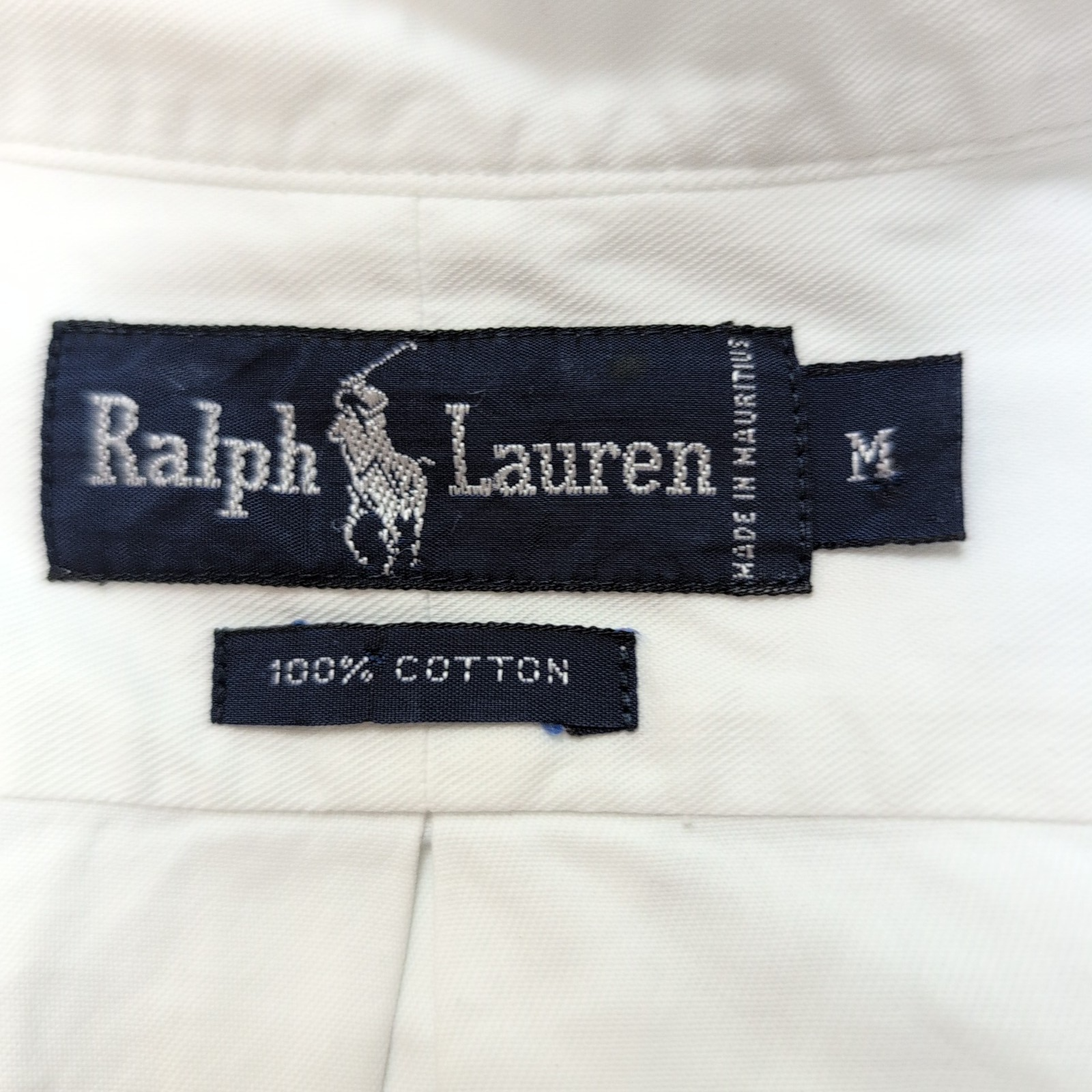 Chemise Ralph Lauren vintage M blanc uni logo bleu marine Made in Mauritius