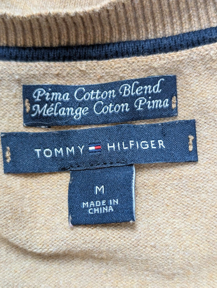 Pull Fin Tommy Hilfiger Heritage Femme Col V Marron Clair Taille M Coton Pima