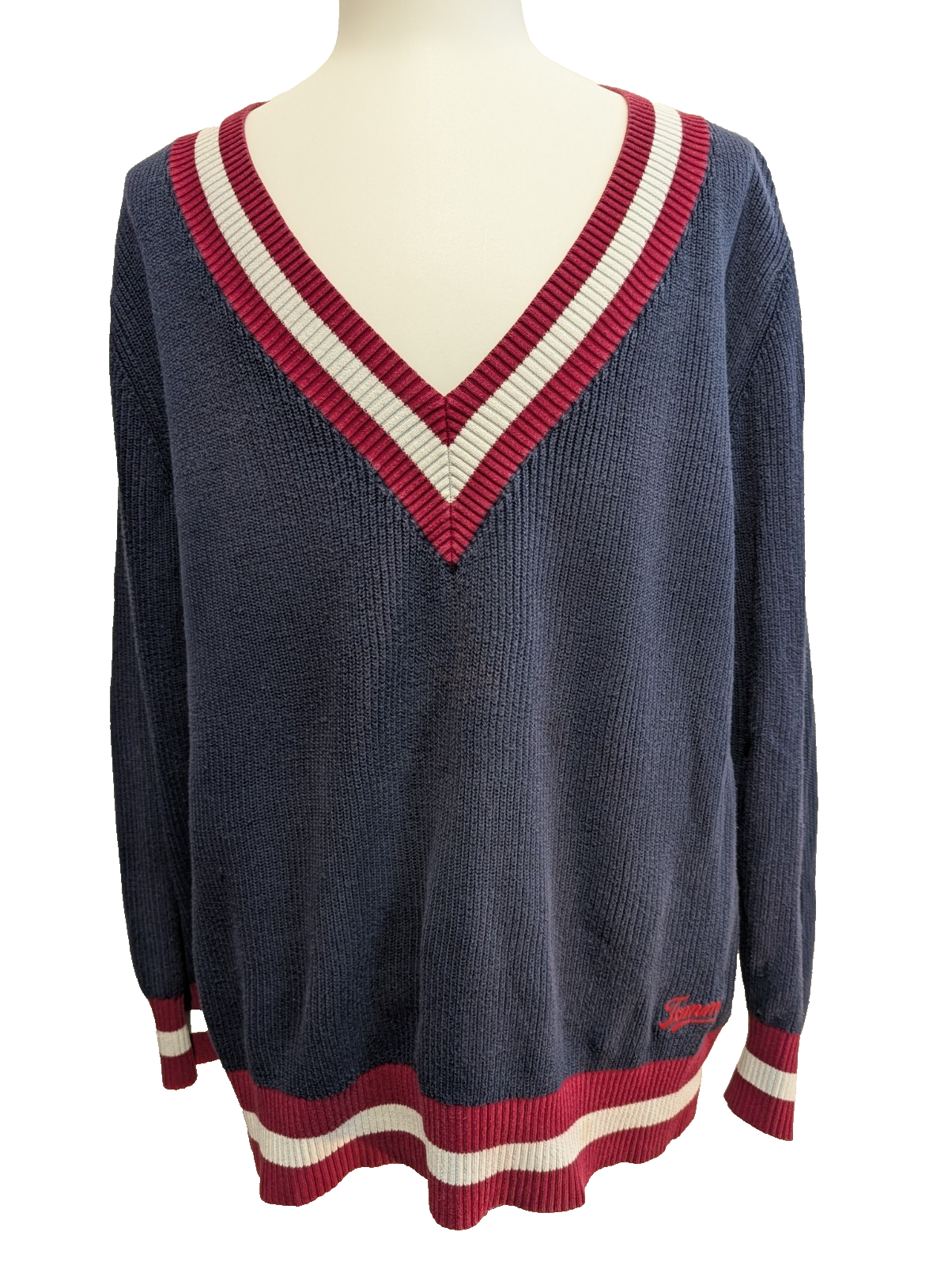 Pull Tommy Hilfiger Vintage Bleu Marine Col V Maille Côtelée - Taille XL