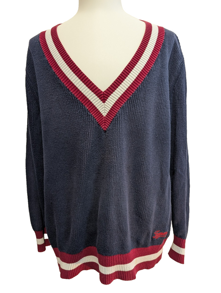 Pull Tommy Hilfiger Vintage Bleu Marine Col V Maille Côtelée - Taille XL