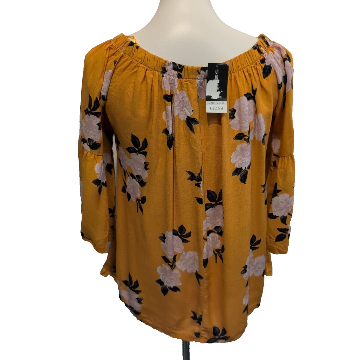 Haut Femme Select 38 Jaune Moutarde Fleuri 100% Viscose Manches 3/4 Neuf