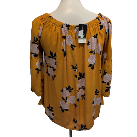 Haut Femme Select 38 Jaune Moutarde Fleuri 100% Viscose Manches 3/4 Neuf