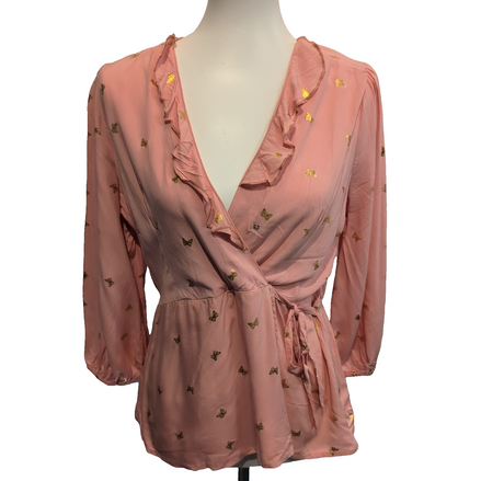 Haut Alex & Parker Femme L Rose Saumon Cache-Cœur Papillons Dorés Neuf