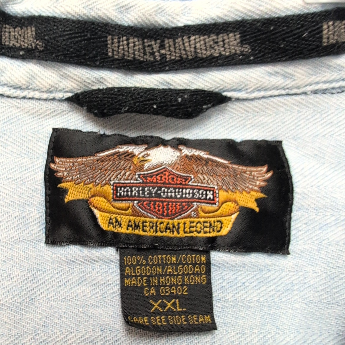 Chemise Harley Davidson XXL Jean Bleu Chevron Brodée Manches Courtes Coton