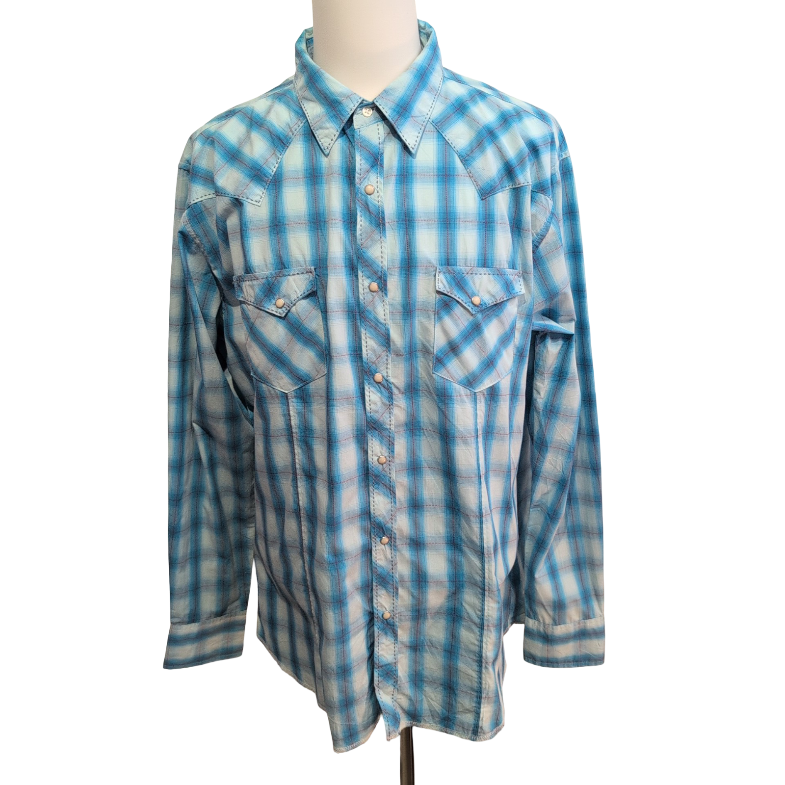 Chemise Wrangler Western Homme XXL Carreaux Bleu Ciel Boutons Pression