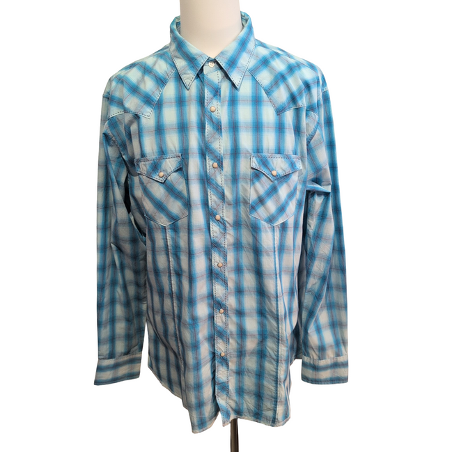 Chemise Wrangler Western Homme XXL Carreaux Bleu Ciel Boutons Pression