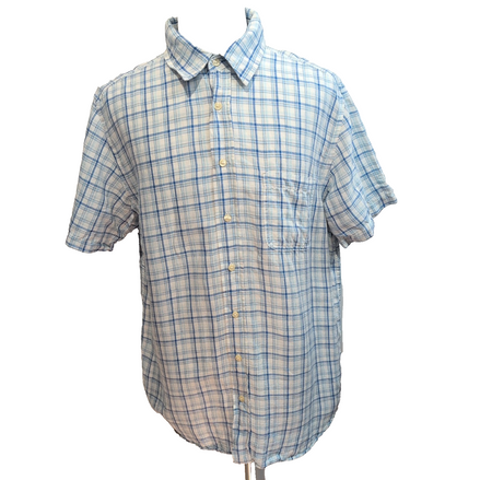 Chemise Old Navy XL Lin Coton Bleu Blanc Carreaux Manches Courtes