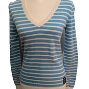Pull Col V Tommy Hilfiger à rayures Bleu Ciel et Blanc Femme - Taille M