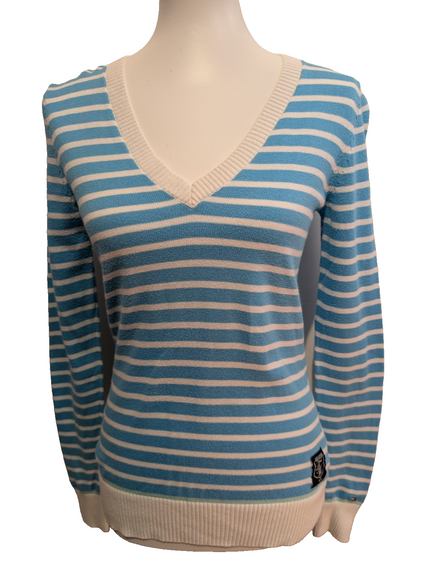 Pull Col V Tommy Hilfiger à rayures Bleu Ciel et Blanc Femme - Taille M