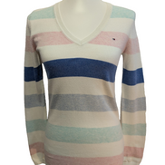 Pull Col V Tommy Hilfiger à rayures Rose Bleu Blanc Femme - Taille XS