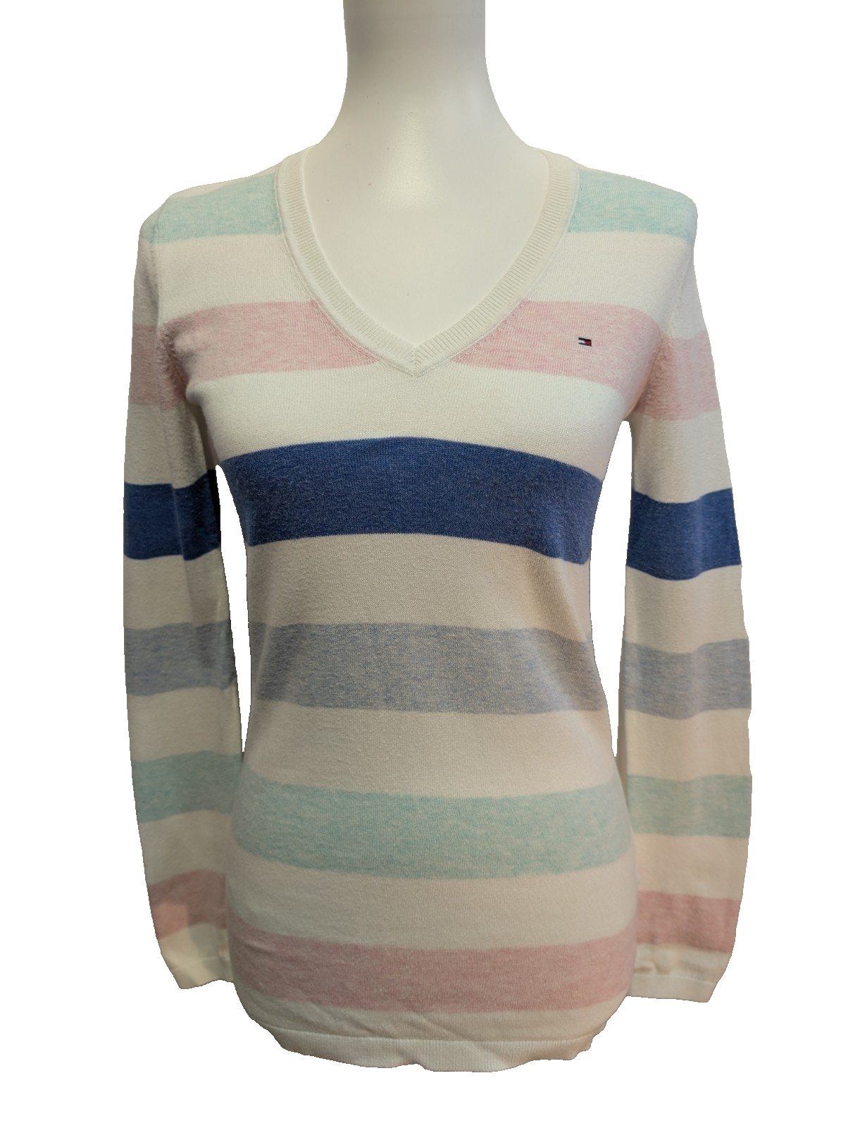 Pull Col V Tommy Hilfiger à rayures Rose Bleu Blanc Femme - Taille XS
