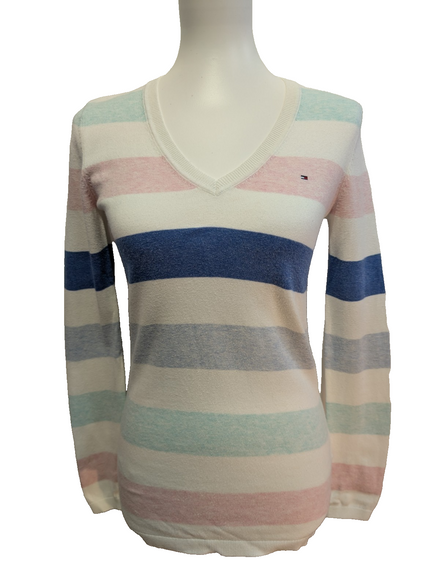 Pull Col V Tommy Hilfiger à rayures Rose Bleu Blanc Femme - Taille XS