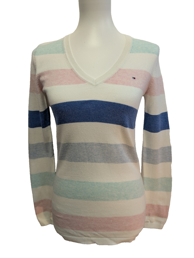 Pull Col V Tommy Hilfiger à rayures Rose Bleu Blanc Femme - Taille XS
