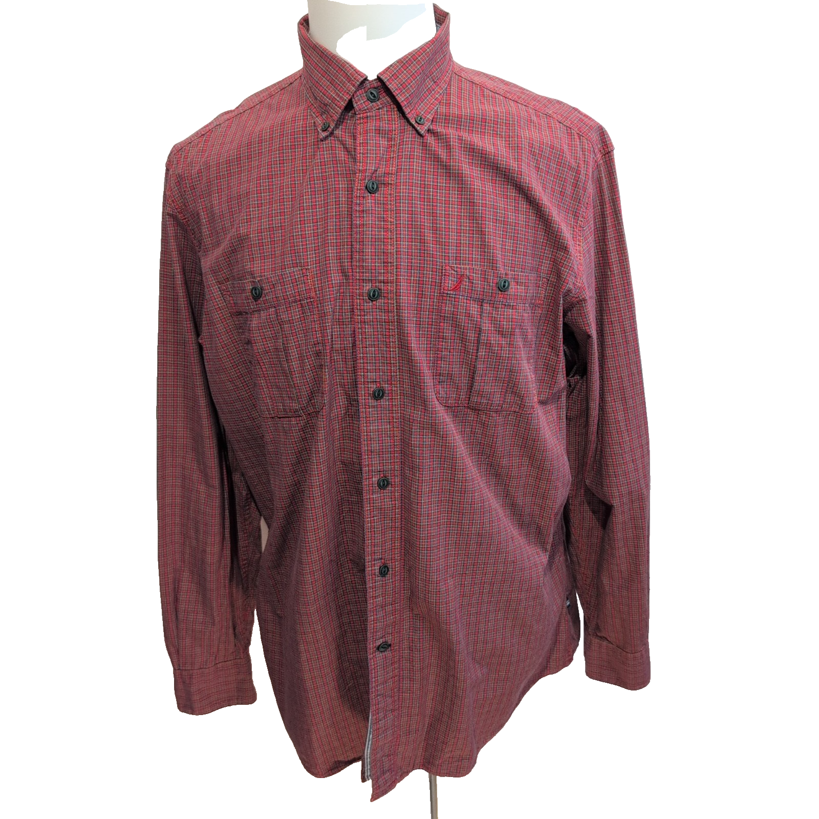 Nautica Chemise Rouge Foncé Carreaux Manches Longues 100% Coton Homme L