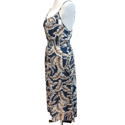 Robe d'été Made in USA L Tropicale Bleu Feuillage Rayonne Midi