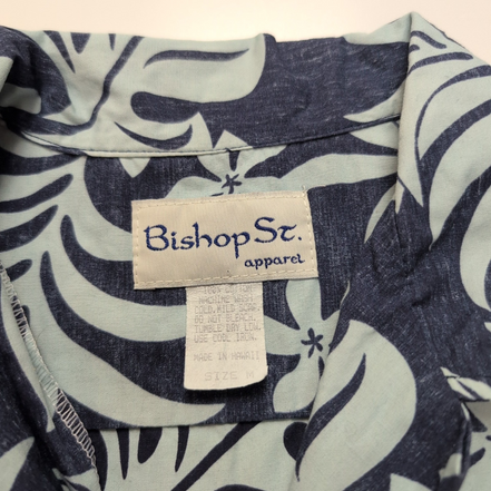 Chemise Hawaïenne Bishop St Apparel M Made in Hawaii 100% Coton Bleu Feuillage