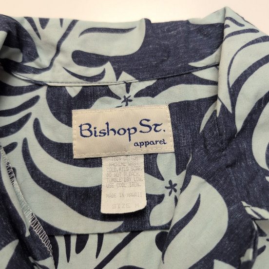 Chemise Hawaïenne Bishop St Apparel M Made in Hawaii 100% Coton Bleu Feuillage