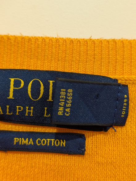 Pull Polo Ralph Lauren orange col V logo bleu Pima Cotton taille S