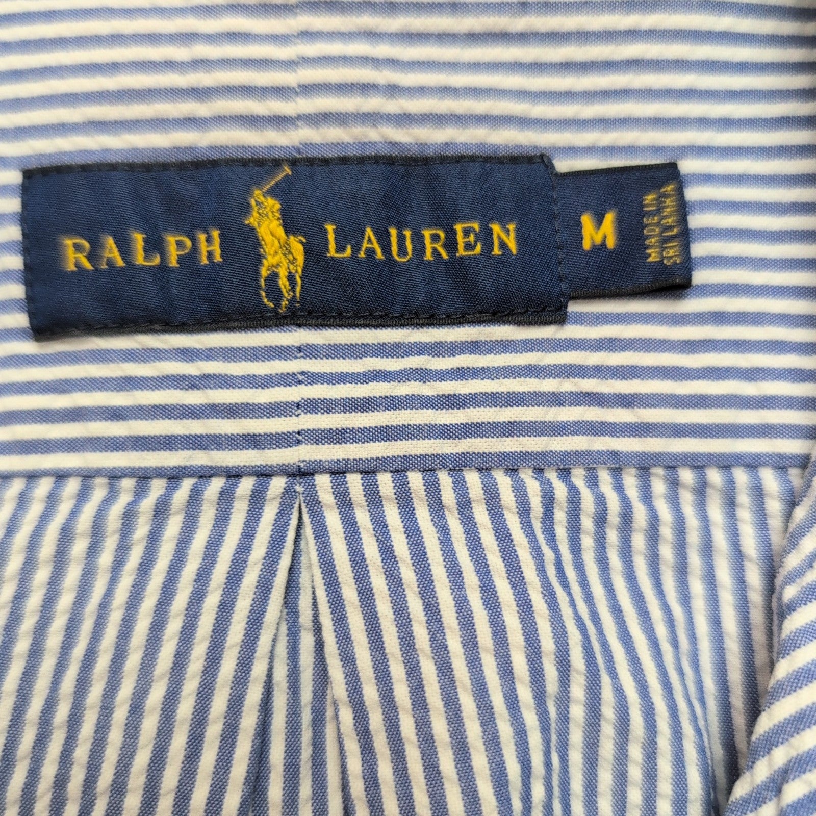 Chemise Ralph Lauren M Bleu Rayures Gauffrées Logo Rose manches courtes