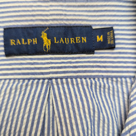 Chemise Ralph Lauren M Bleu Rayures Gauffrées Logo Rose manches courtes