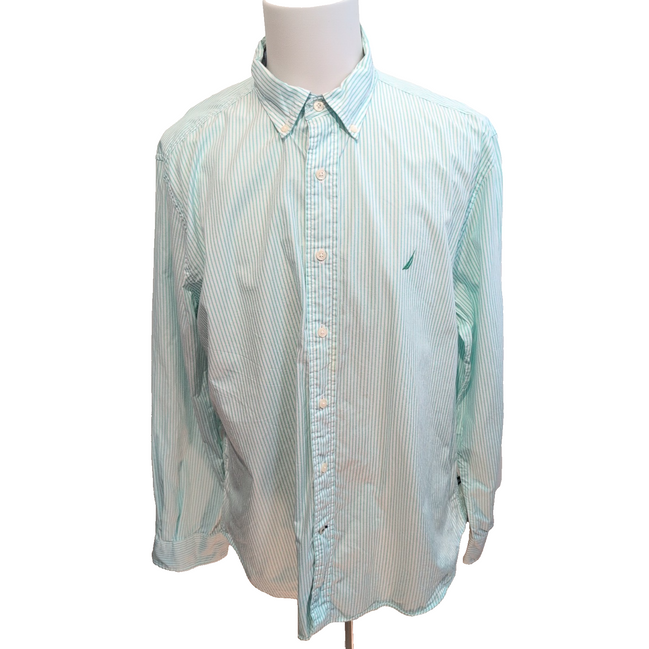 Chemise Nautica XXL Vert Pâle Rayures Logo Brodé Coton manches longues