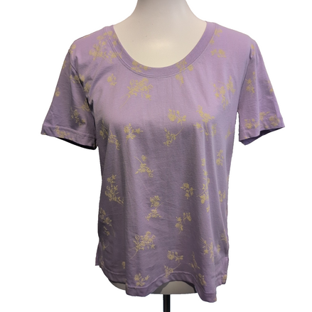 Haut Esprit Femme L Violet Motif Fleuri 100% Coton Manches Courtes Neuf