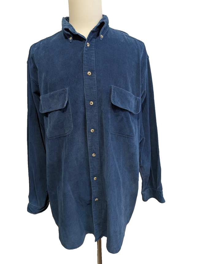 Chemise EDDIE BAUER T.L TALL Velours Côtelé Bleu Vtg Poches Boutons Cachés