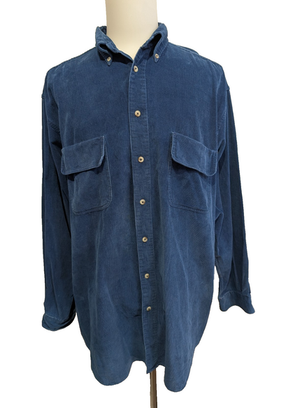 Chemise EDDIE BAUER T.L TALL Velours Côtelé Bleu Vtg Poches Boutons Cachés