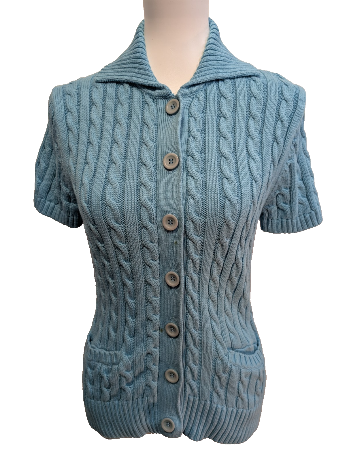 Gilet L.L. Bean Torsadé Bleu Ciel à Manches Courtes en Coton - Taille S