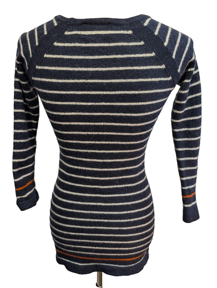 Pull Long CYNTHIA ROWLEY 100% Laine Mérinos Extra Fine Bleu Rayé Femme