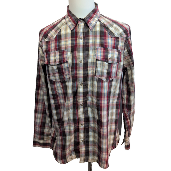 Chemise western rouge à carreaux boutons pression nacrés marbrés Taille L