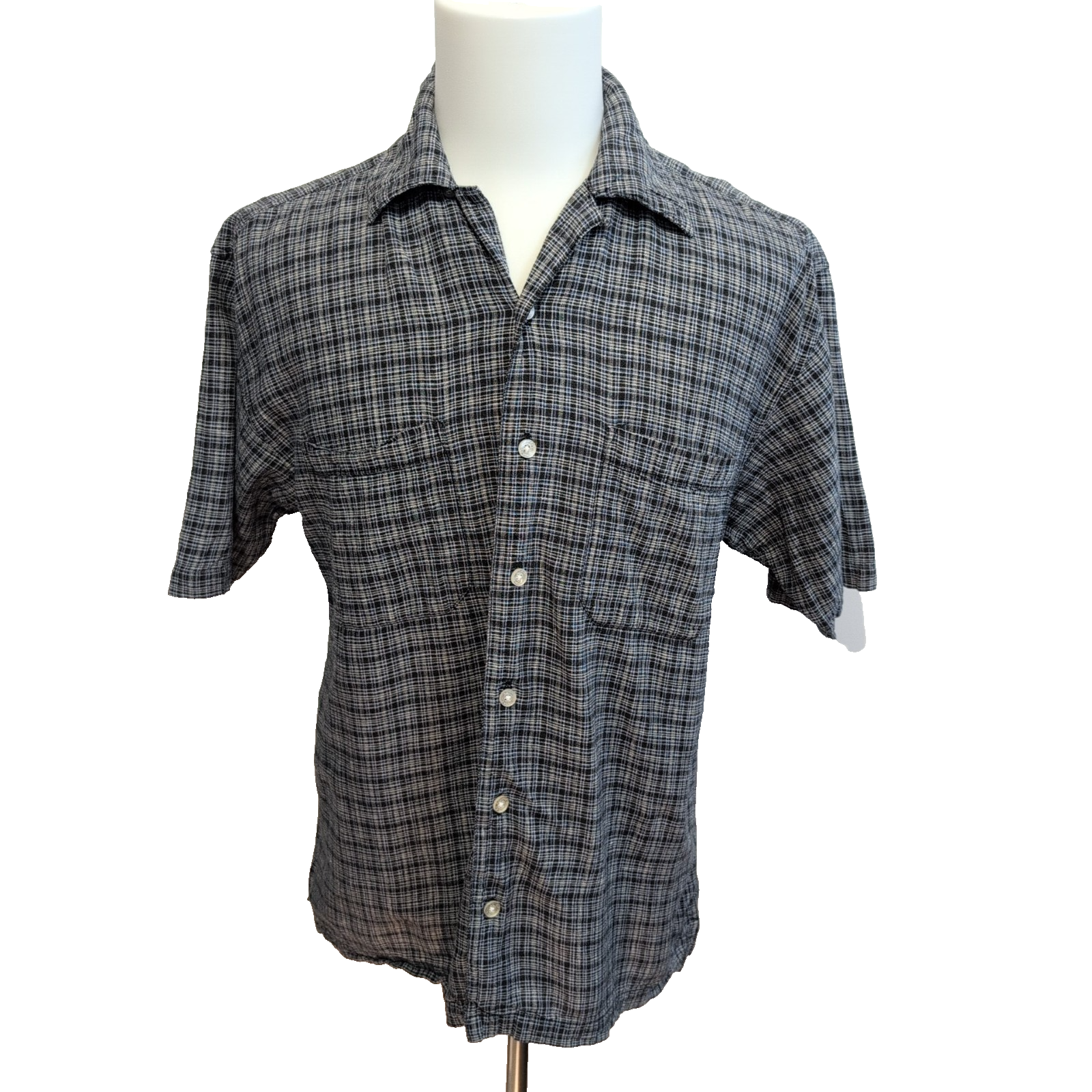 Chemise Arizona Jean Company Lin Coton Noir Carreaux Manches Courtes Taille L