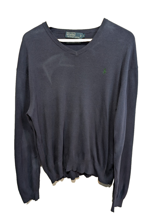 Pull Polo Ralph Lauren L bleu marine col V 100% Pima Cotton logo vert