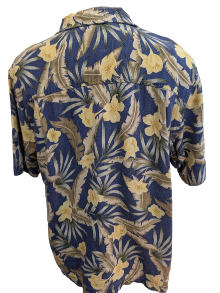 Chemise Hawaïenne Tuckahoe Joe Lin & Rayon Bleu Motif Floral Jaune - Taille L