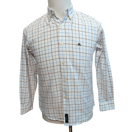 Chemise BURBERRY Blanc Carreaux Bleu Marron Taille 14 XS Homme Coton