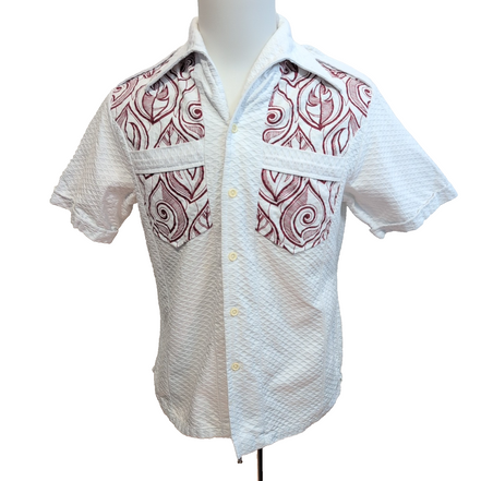 Chemise Iolani Hawaii USA Blanc Gaufré Feuillage Bordeaux Vintage Homme S